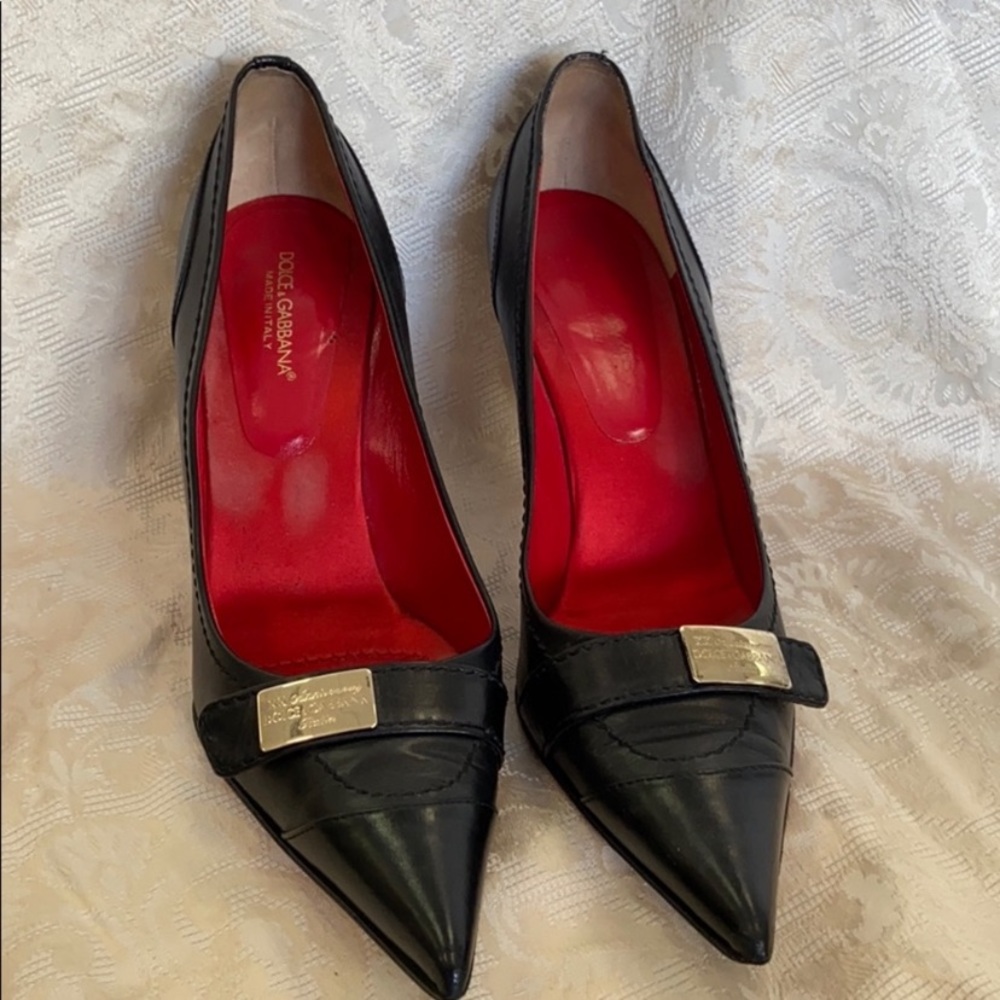 DOLCE & GABBANA Leather Stilettos w/ Gold Name Plate
